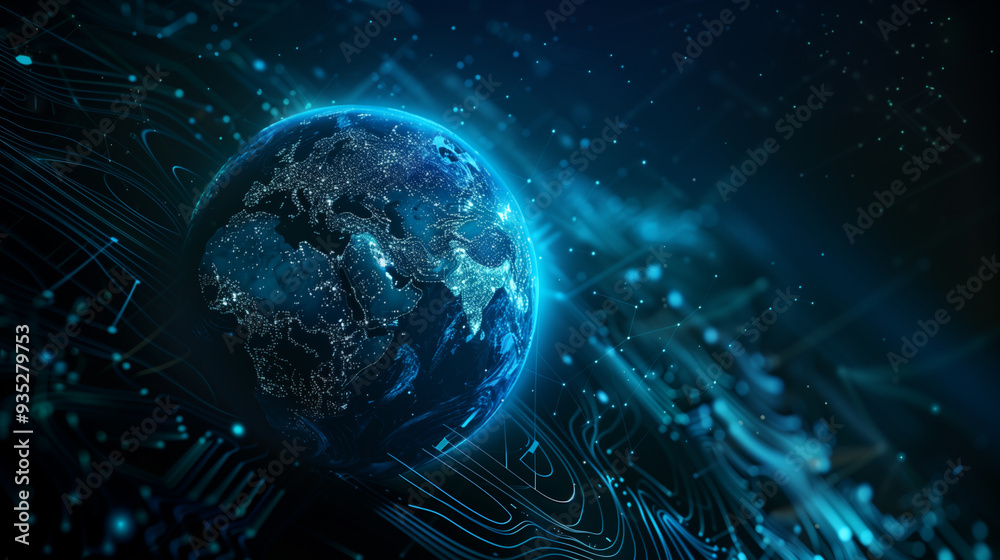 Obraz premium Planet Earth illuminated by city lights in space with stars and galaxy..