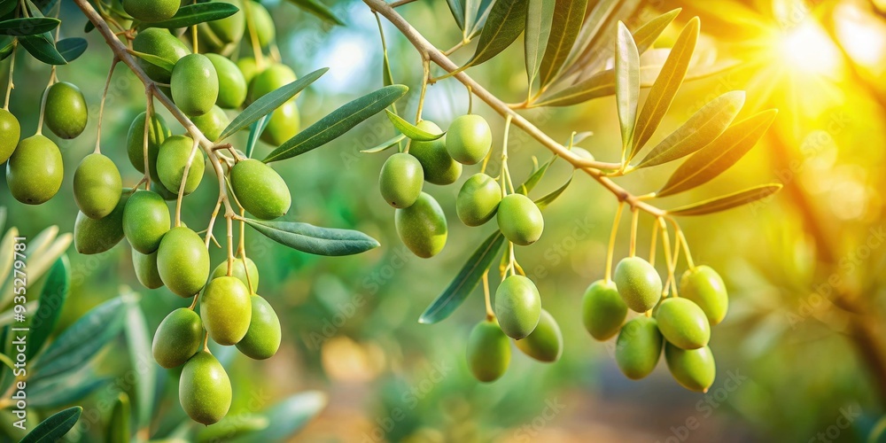Green olives hanging from branches of olive tree in a Mediterranean plantation, olives, tree, agriculture, plantation Green olives hanging from branches of olive tree in a Mediterranean plantation, olives, tree, agriculture, plantation