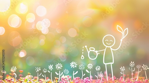 2. Illustration of a white line art stick figure, smiling as he waters the seeds of his tiny line art plants in the soil, set against a beautiful bokeh effect flower garden backdrop.