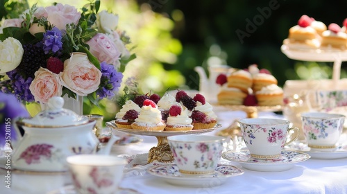 Wallpaper Mural A beautifully arranged outdoor tea party featuring floral decorations, pastries, and fine china. Torontodigital.ca