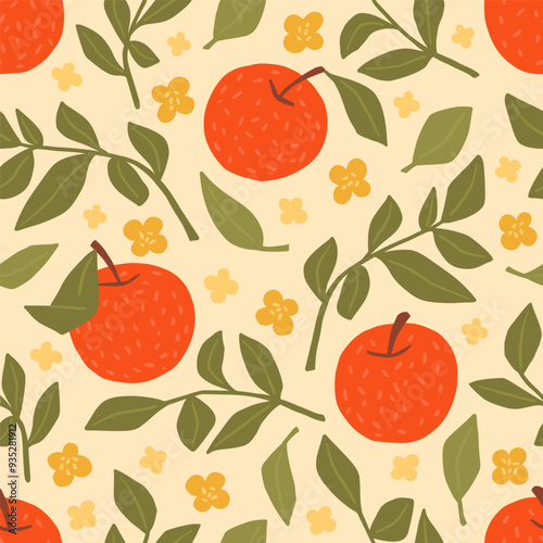Cute seamless pattern with red apples, branches and leaves. Vector summer texture for wallpapers, textile or wrapping paper
