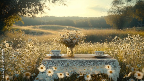 Peaceful meadow with tea set on lace table at dusk photo