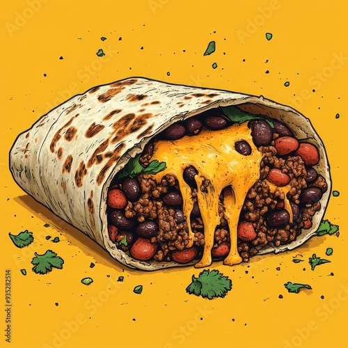 Delicious cheesy beef burrito with black and red beans