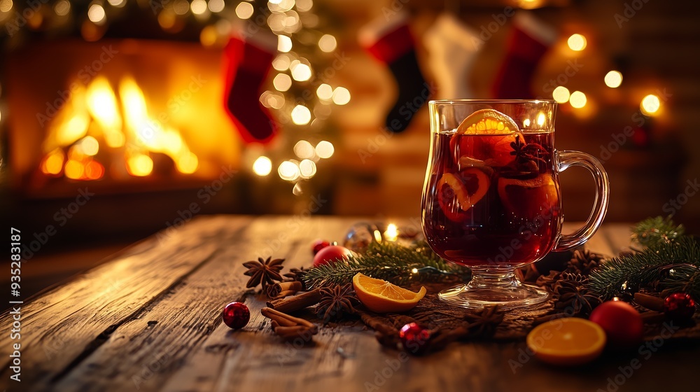 A cozy Christmas scene with mulled wine, festive decorations, and a glowing fireplace. Perfect for holiday warmth and cheer. A cozy Christmas scene with mulled wine, festive decorations, and a glowing fireplace. Perfect for holiday warmth and cheer.