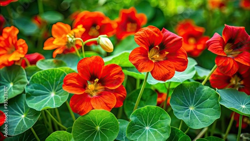 vibrant Auburn Red nasturtium flowers bursting forth from lush greenery in a whimsical garden scene exuding carefree summer joy and effortless elegance