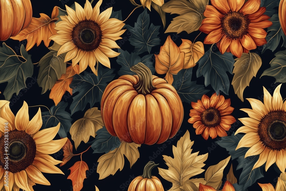 Fototapeta premium Lovely hand drawn Thanksgiving seamless pattern with pumpkins and sunflowers, great