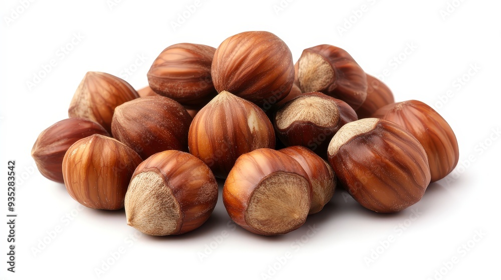 A pile of hazelnuts on a white background. A pile of hazelnuts on a white background.