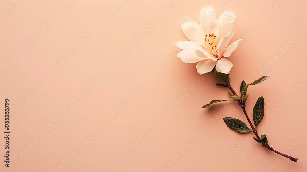 Fototapeta premium 2. Detailed top-view shot of a small flower resting on a smooth pastel background, thoughtfully arranged to allow for personalized text, perfect for creative and sophisticated designs.