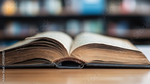 Open Book with Aged Pages and Blurred Bookshelf Background