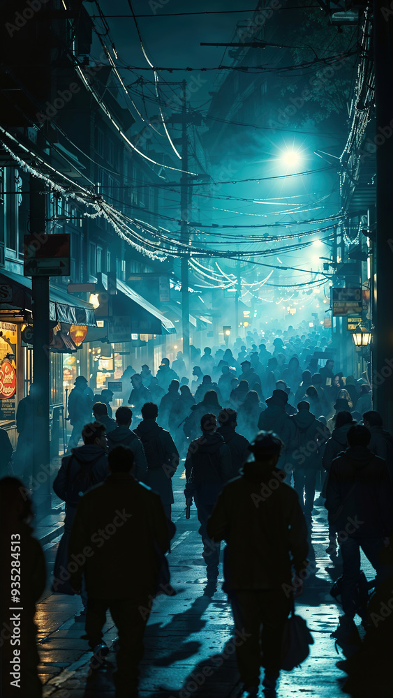 A group of people walking down a street at night