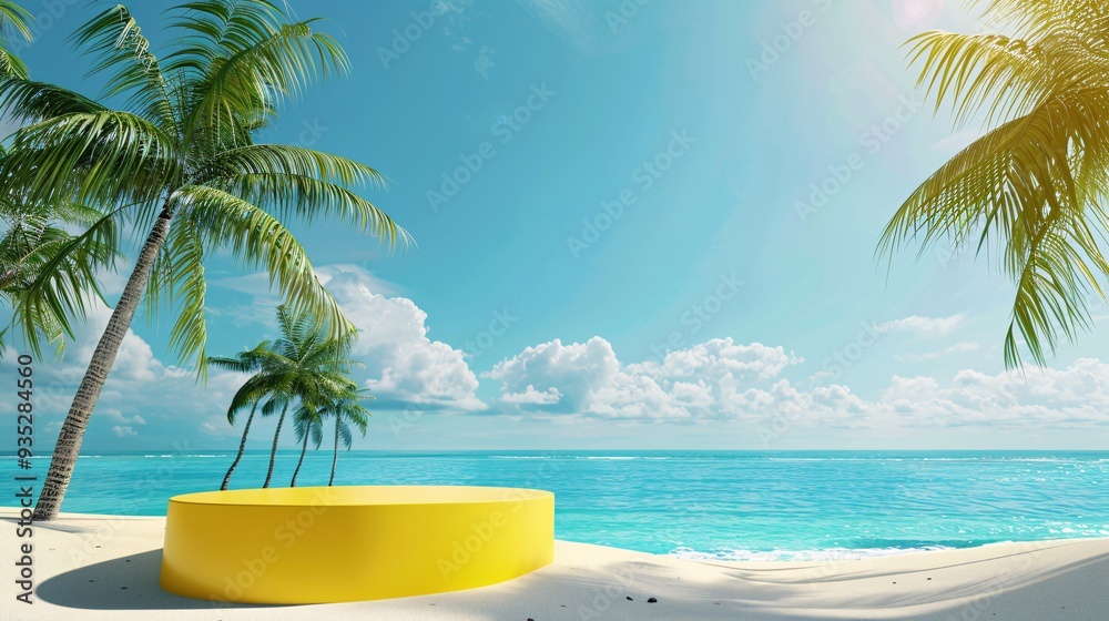 Fototapeta premium 3. Summer sale promotional poster showcasing a prominent yellow podium for products, placed on a picturesque beach with palm trees, turquoise waters, and a sunny, cloudless sky