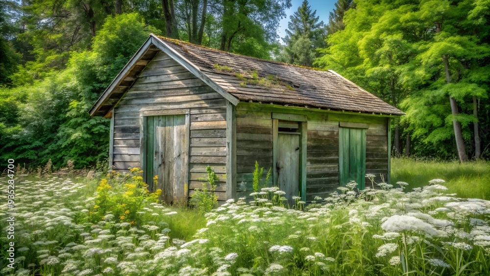Weathered Country Shed with Peeling Green Paint and Wildflowers. Perfect for: Earth Day, Rural-themed events, Nature photography exhibitions Weathered Country Shed with Peeling Green Paint and Wildflowers. Perfect for: Earth Day, Rural-themed events, Nature photography exhibitions