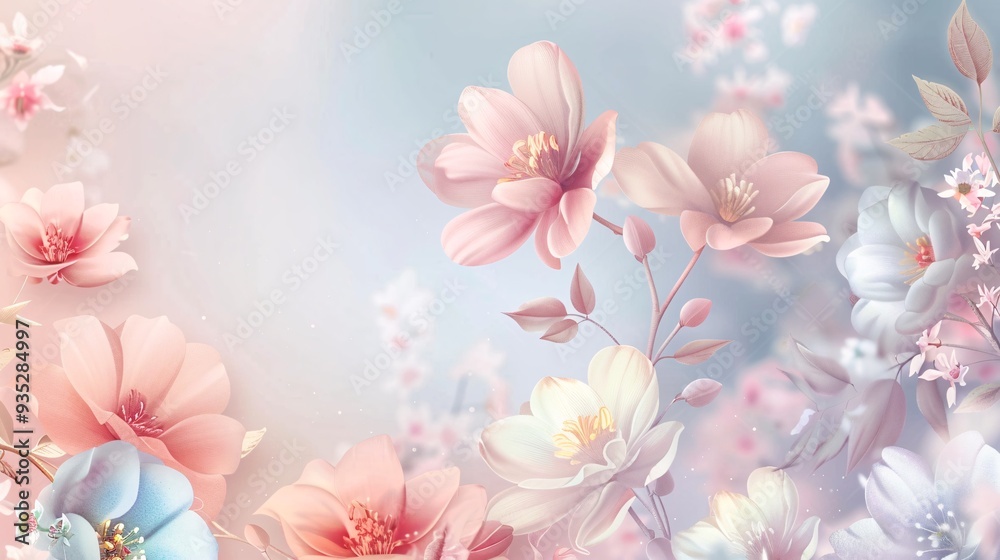 1. Elegant template design banner for spring season sale featuring a beautifully illustrated array of blooming flowers in soft pastel colors, set against a light, airy background with gentle gradients 1. Elegant template design banner for spring season sale featuring a beautifully illustrated array of blooming flowers in soft pastel colors, set against a light, airy background with gentle gradients