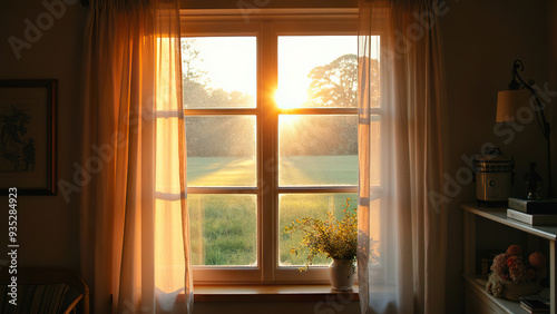 A serene view through the window of a country house, with warm morning sunlight streaming in. The soft light illuminates the peaceful outdoors, creating a calm and cozy atmosphere