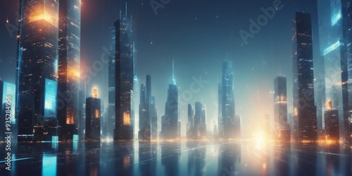 Wallpaper Mural Futuristic cityscape at night with bright lights, deep blue sky, Torontodigital.ca