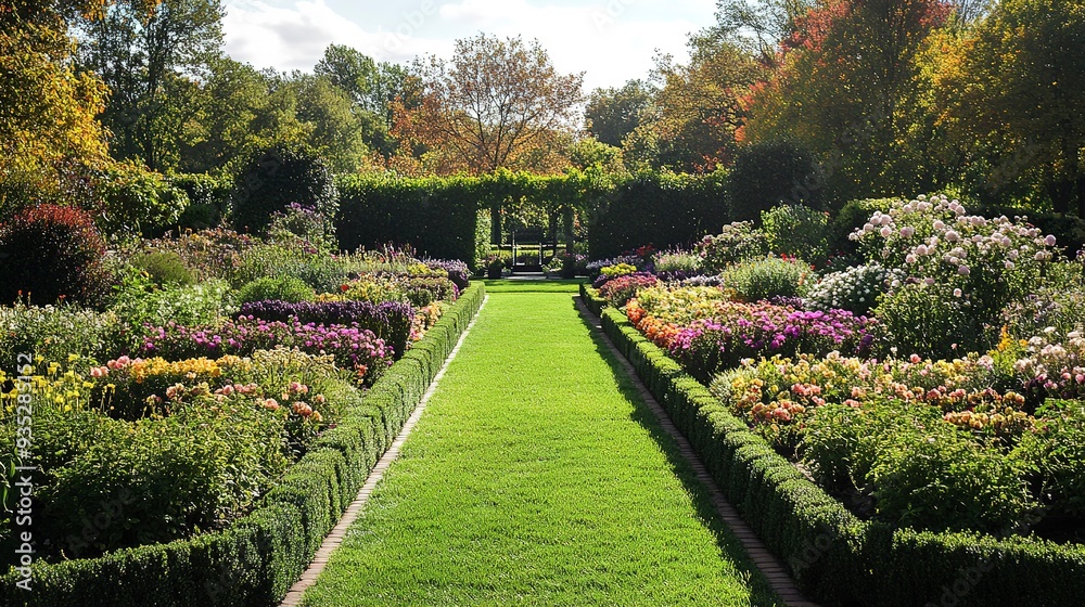 Obraz premium A well-manicured garden showcases symmetrical rows of flowers and shrubs, embodying the concept of orderly horticultural design. 