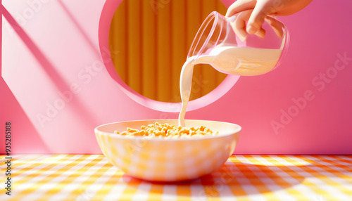 Pouring milk over cereal in a bowl with a yellow and white checkered tablecloth and pink background.