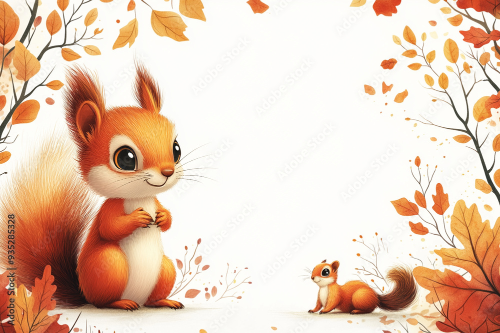 Fototapeta premium Atumn style wallpaper, white background with bright yellow decoration and large blank space in the center for text, Atumn patterns such as leaflets and squirrel.