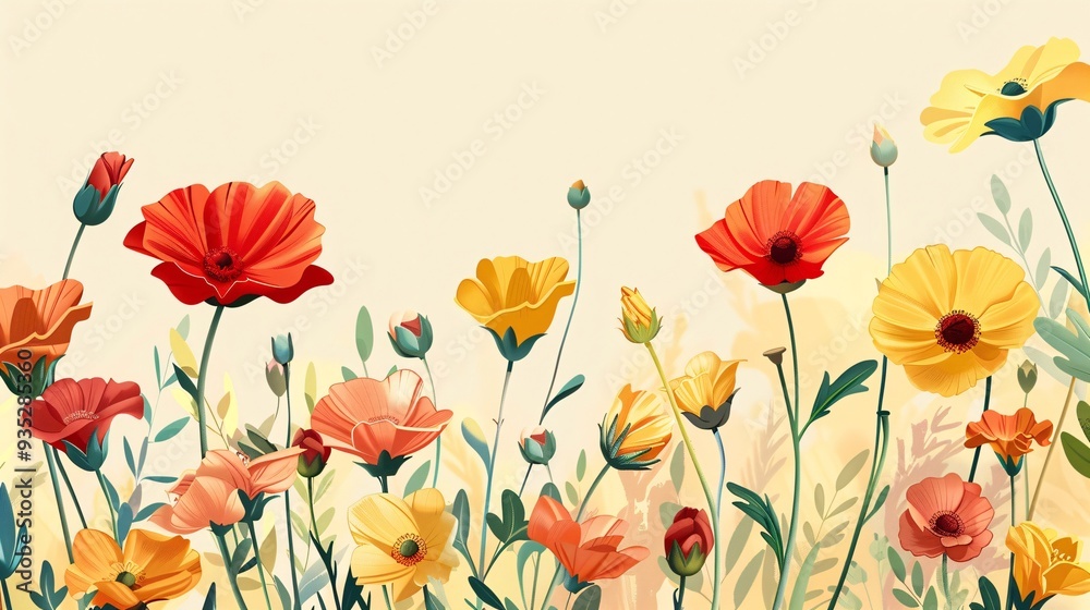 Fototapeta premium 5. Graceful template design banner for spring season sale, featuring a stunning collection of flower illustrations in vibrant colors, overlaid on a serene and light-filled background