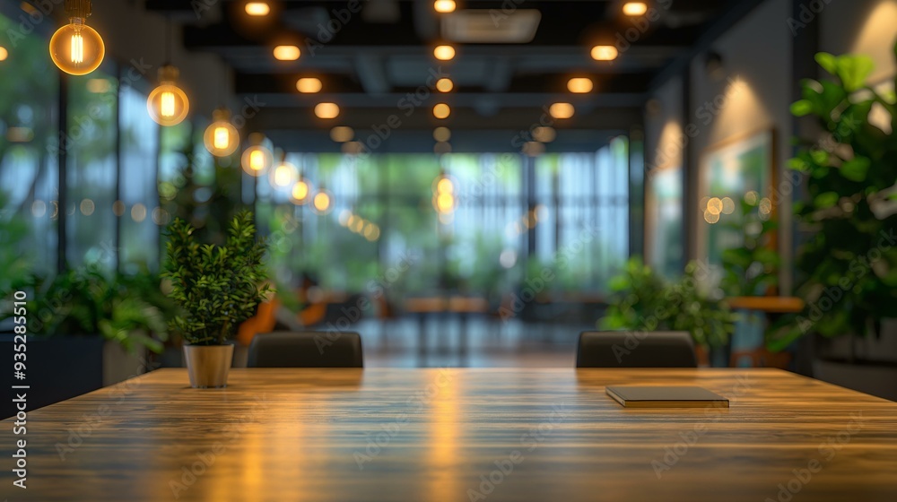 Business modern office open space with wooden table bokeh background blurred interior with panoramic windows and beautiful lighting Business modern office open space with wooden table bokeh background blurred interior with panoramic windows and beautiful lighting