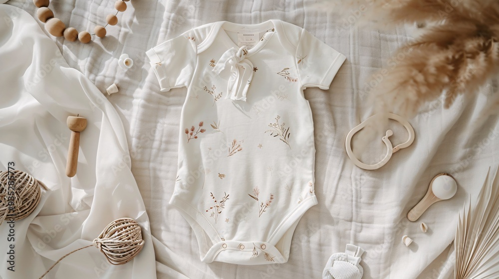 4. Baby romper mockup in an apparel flatlay setup, laid on a soft fabric background, enhanced with baby accessories such as a rattle, headband, and tiny mittens, with careful attention to lighting 4. Baby romper mockup in an apparel flatlay setup, laid on a soft fabric background, enhanced with baby accessories such as a rattle, headband, and tiny mittens, with careful attention to lighting