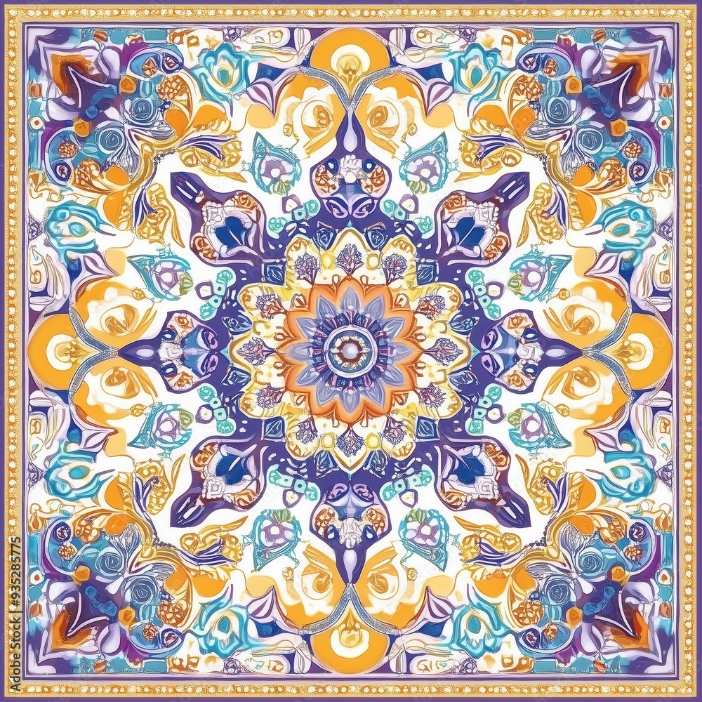 Fototapeta premium Ornate Floral Mandala in Vibrant Blue, Gold, and Purple