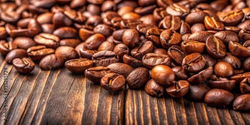 Close-up of roasted coffee beans on a rustic wooden table, aroma, caffeine, beverage, espresso, fragrant, beans, dark roast