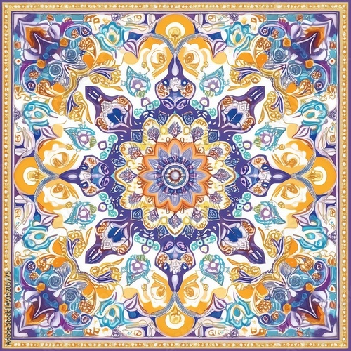 Ornate Floral Mandala in Vibrant Blue, Gold, and Purple