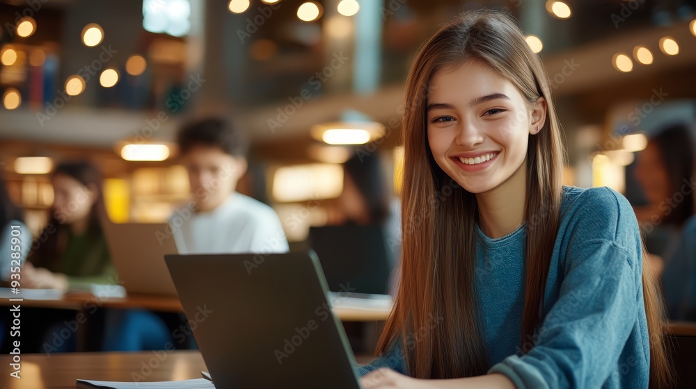 Smiling Student Girl Using Laptop In University Library Smiling Student Girl Using Laptop In University Library