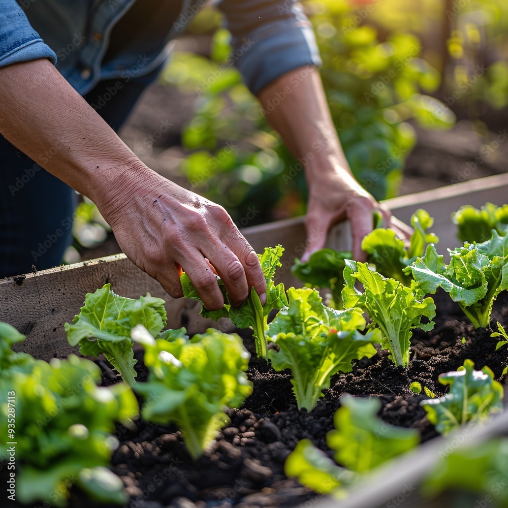 Fototapeta premium 2. Close-up of hands in a dark blue shirt tending to young lettuce plants, raised garden bed, fresh green leaves, organic farming, soil-filled planter boxes, warm sunlight glow, urban gardening,