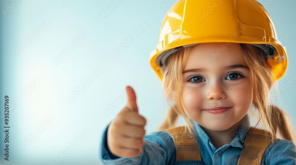 Cute Little Girl Construction Worker Wearing Hard Hat and Giving Thumbs Up Cute Little Girl Construction Worker Wearing Hard Hat and Giving Thumbs Up