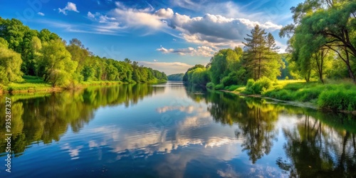 A serene panoramic view of a calm river flowing through a forested landscape , river, nature, landscape, water, trees
