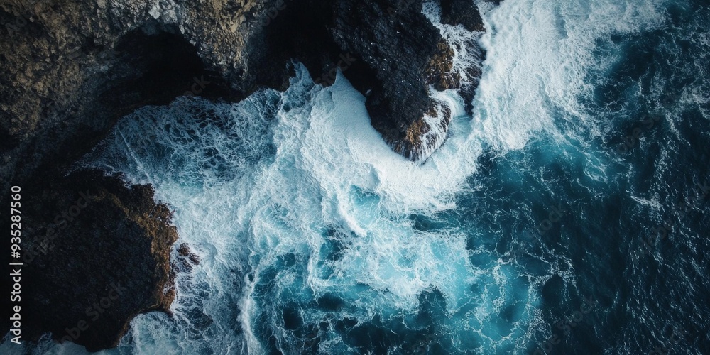 Aerial View of Ocean Waves Crashing Against Rocky Cliffs. Aerial View of Ocean Waves Crashing Against Rocky Cliffs.
