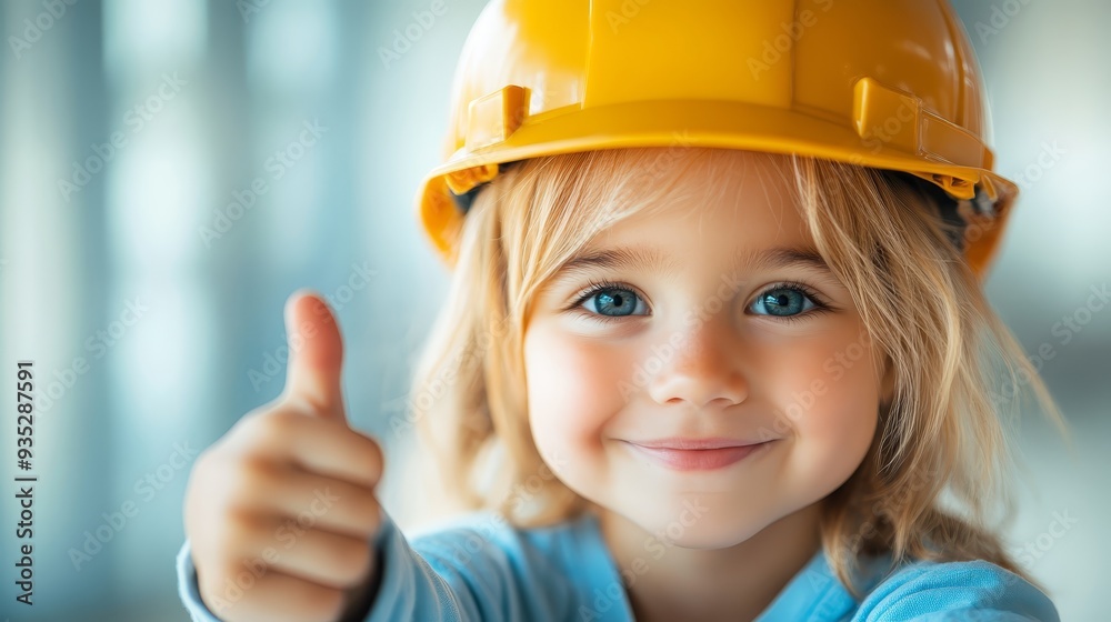 Happy Little Girl Wearing Yellow Hard Hat and Giving Thumbs Up Happy Little Girl Wearing Yellow Hard Hat and Giving Thumbs Up