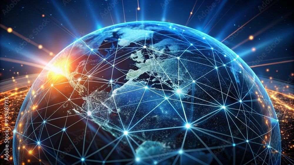A futuristic globe surrounded by glowing interconnected lines and nodes, representing the vast virtual network of online connections and digital communication. A futuristic globe surrounded by glowing interconnected lines and nodes, representing the vast virtual network of online connections and digital communication.