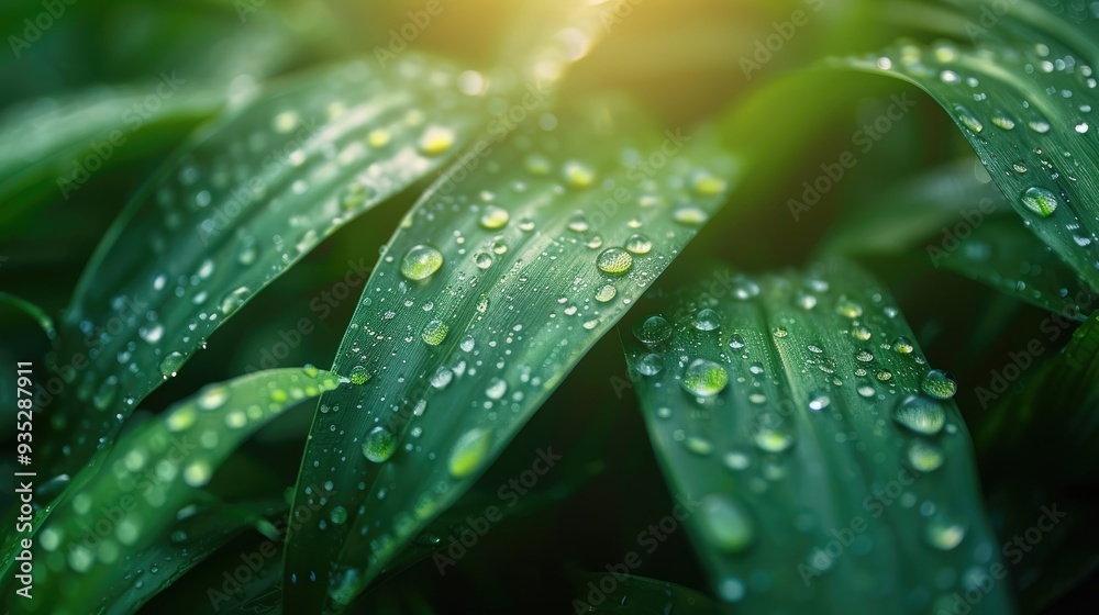 A close-up shot of lush green leaves covered in dew drops, captured under soft sunlight. The natural freshness and detail of the leaves are beautifully highlighted, providing a serene and refreshing A close-up shot of lush green leaves covered in dew drops, captured under soft sunlight. The natural freshness and detail of the leaves are beautifully highlighted, providing a serene and refreshing