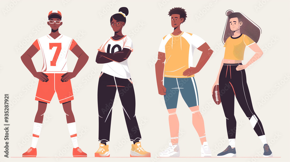 Four athletes in their sports uniforms, standing in a confident pose , four vector people posing, minimalism Four athletes in their sports uniforms, standing in a confident pose , four vector people posing, minimalism