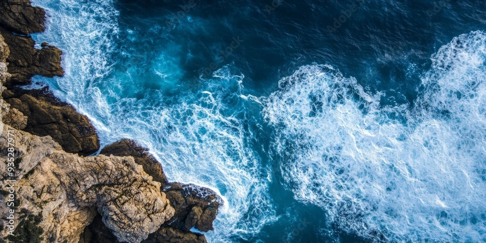 Obraz premium Aerial View of Ocean Waves Crashing Against Rocky Coastline.