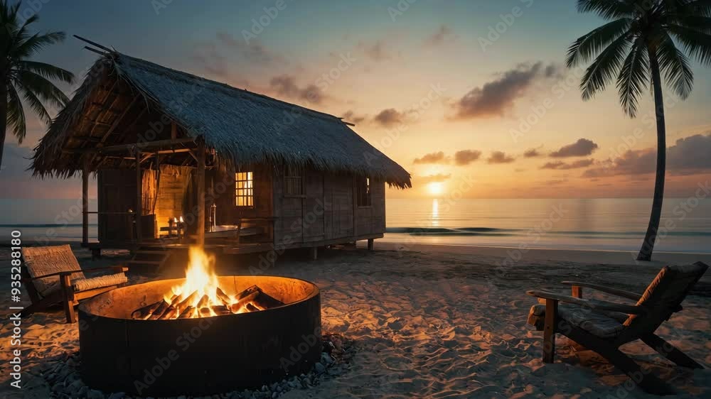 Video footage of beach scene at sunset,with a thatched-roof hut, a fire pit with visible flames, and two wooden lounge chairs