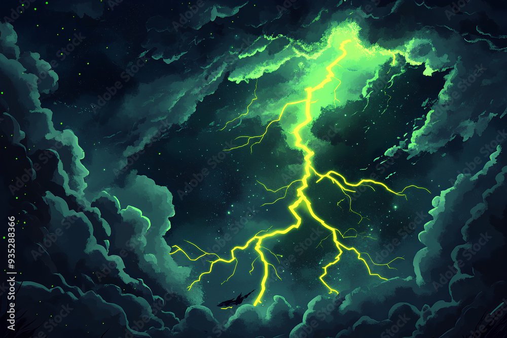 Fototapeta premium Green lightning strikes on a black background, dark clouds in the sky