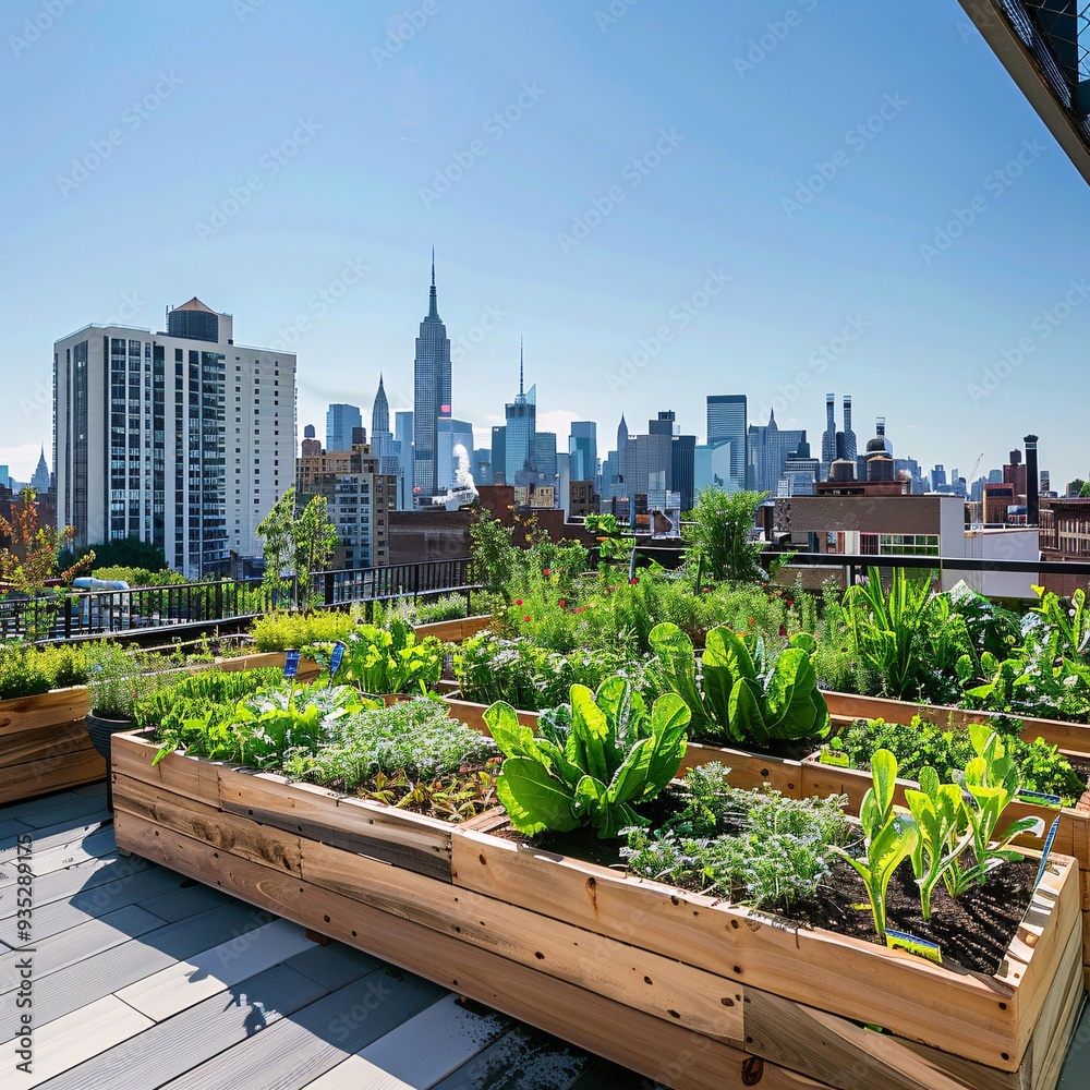 Fototapeta premium 5. Urban rooftop garden with diverse crops, lush green vegetable plants, raised planter boxes, city skyline in background, sustainable agriculture, leafy greens, modern buildings, sunny day, clear