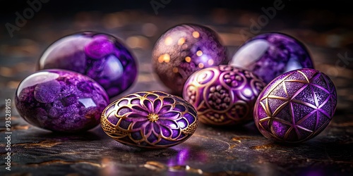 Byzantine Purple stones glimmering, with subtle, intricate patterns and soft, warm lighting, set against a dark, rich background, exuding luxury and mystery in a still life. photo