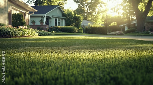 Vibrant green lawn in a peaceful suburban neighborhood, glistening under the morning sunlight with houses in the background.