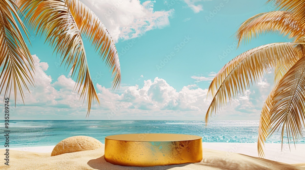 Obraz premium The image could be named Tropical Beach with Palm and Coconut Trees This name clearly captures the essence of the scene described by the sentences and tags