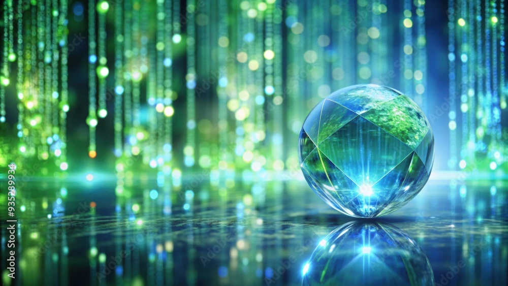 Obraz premium Crystal with binary code in green and blue against a background of nature , technology, data, digital, computer