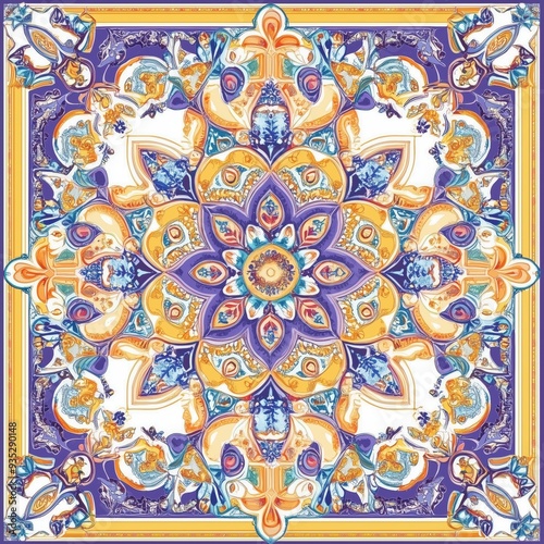 Ornate Floral Mandala in Vibrant Blue, Gold, and Purple