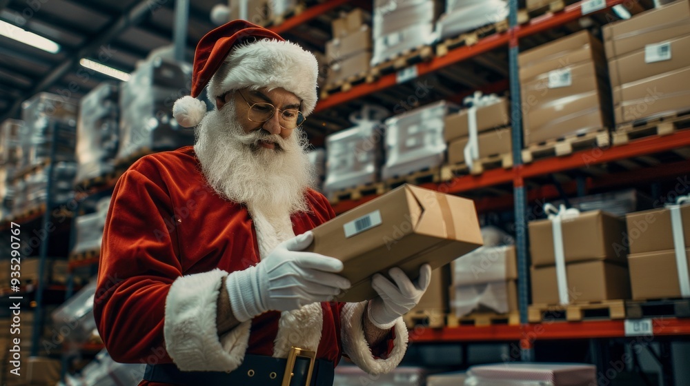 Santa is inspecting a package while using a barcode scanner in a bustling warehouse filled with holiday shipments, ensuring timely delivery for Christmas Santa is inspecting a package while using a barcode scanner in a bustling warehouse filled with holiday shipments, ensuring timely delivery for Christmas