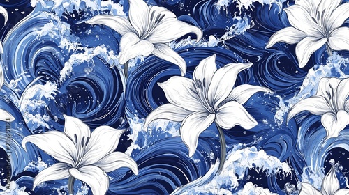 Detailed botanical design featuring delicate lilies and swirling waves in a classic blue and white palette, perfect for artistic backgrounds and fabric patterns