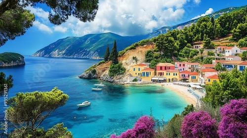 A view of a beach in Kefalonia, Greece, showcases a picturesque and tranquil scene.  photo