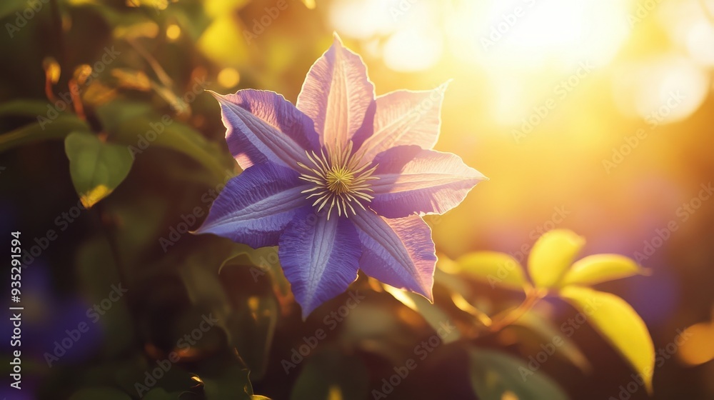 Vibrant Wide Shot of Clematis Flower in Lush Garden Setting Vibrant Wide Shot of Clematis Flower in Lush Garden Setting